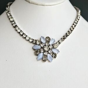Kramer Sterling Silver Rhinestone Choker Collar Necklace 15" Blue White Floral